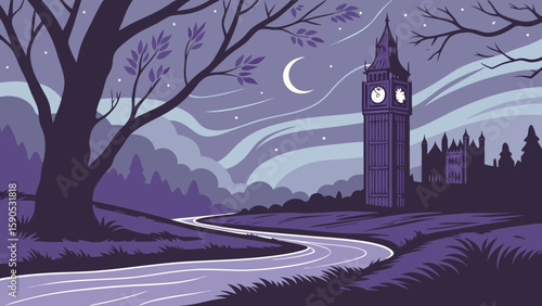 Illustration of big ben and westminster palace at night with a crescent moon and winding road view