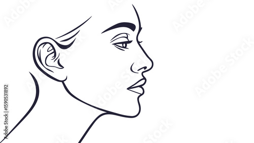 Line drawing of a woman's face in profile with visible ear and neck against a white background