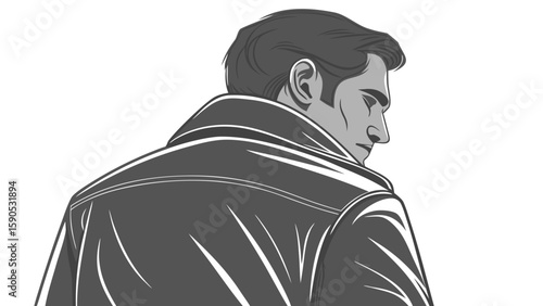 Illustration of a man in a leather jacket looking over his shoulder with a serious expression on his face
