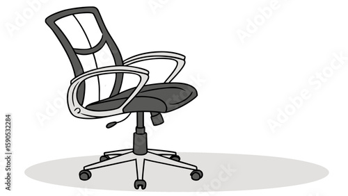 Illustration of a gray office chair with armrests and wheels on a white background and a light gray shadow