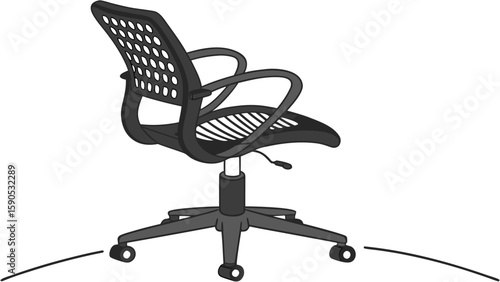 Illustration of a black office chair with wheels and curved armrests on a white background space showing