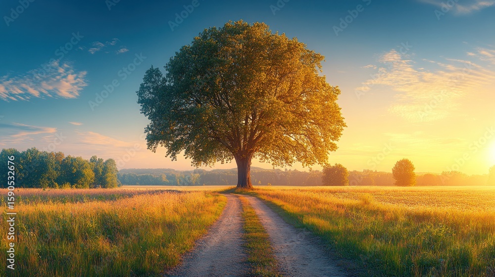 Fototapeta premium Sunrise over a field path with a large tree