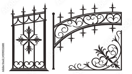 Detailed black wrought iron gate sections with fleur de lis and ornate scrollwork designs isolated