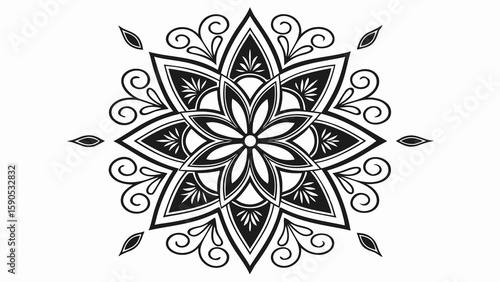 Detailed floral mandala with intricate petal designs and swirling decorative elements in a symmetrical pattern