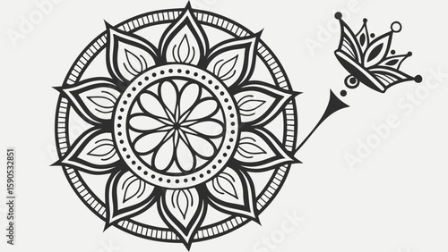 Black and white mandala with floral patterns and crown like design on the right side of the image