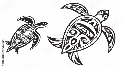 Two tribal sea turtles with intricate black and white designs swimming on a white background illustration