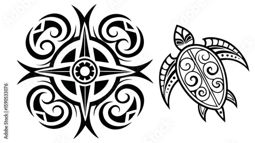 Black tribal designs featuring a circular pattern and a turtle on a white background design art