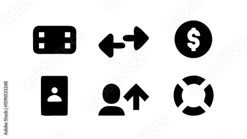 Collection of six black icons including arrows, money, video, contact, person and life preserver