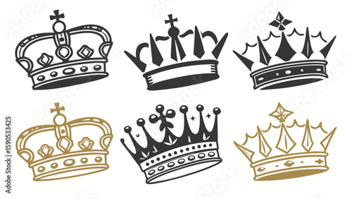 Illustration of six crowns with varying designs and details, some with crosses and diamond accents on top