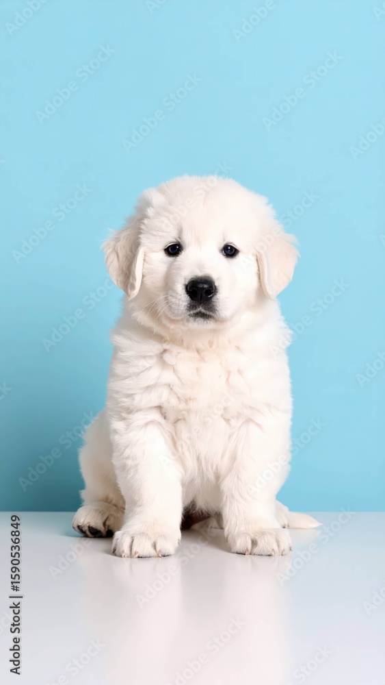 Obraz premium Fluffy Charm: Slovakian Chuvach Puppy on Pink and Blue Backdrop, Generated image