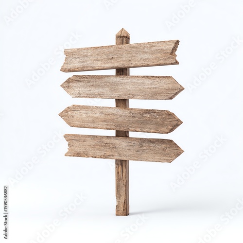 A rustic wooden signpost with four blank directional arrows on a white background.