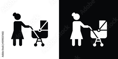 Woman with Baby Stroller icon vector, filled flat sign, solid pictogram. Symbol, logo illustration.