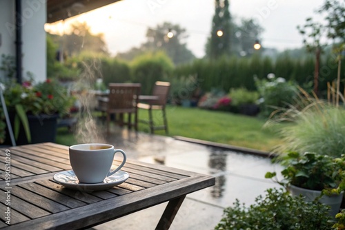 Peaceful August Morning: Steaming Coffee Cup Outdoors

