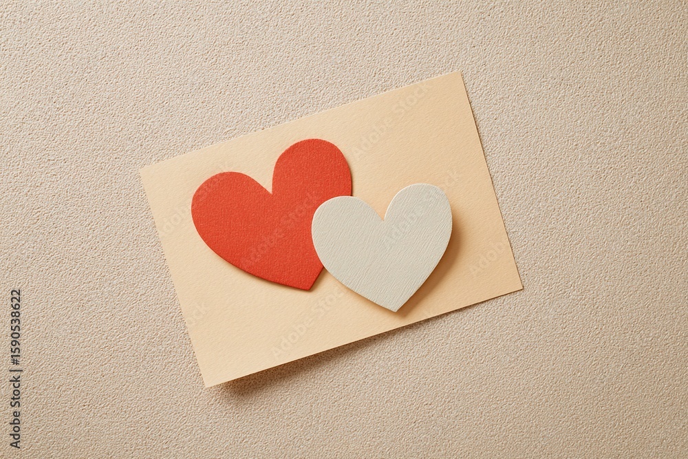 Fototapeta premium Happy Parents' Day! The card is written with two paper hearts on a beige background, leaving space for a copy, viewed from above. 