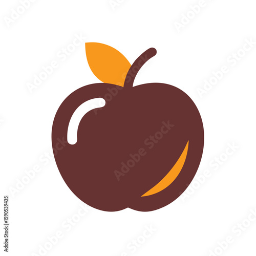 Stylized dark red apple with orange leaf stem on fruit food