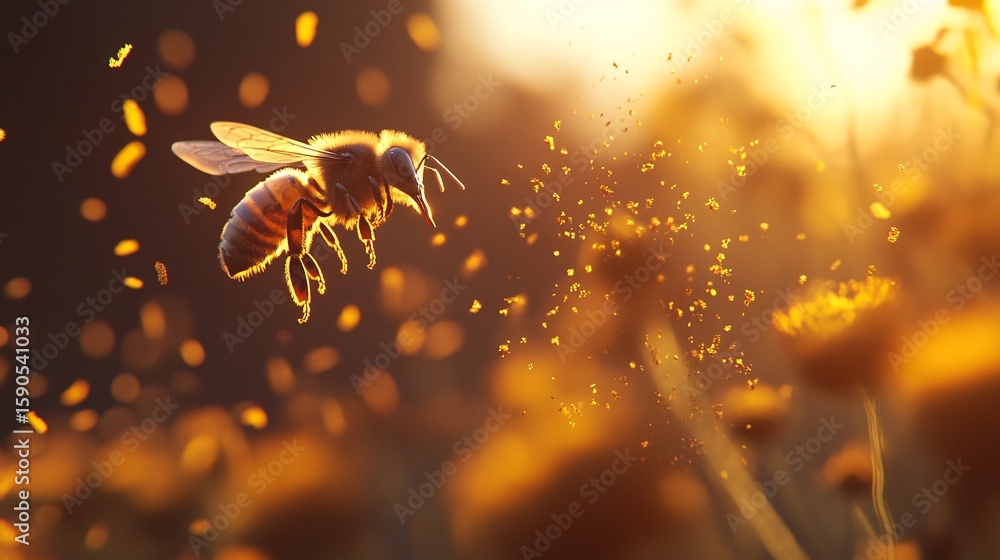 Fototapeta premium Busy Honeybee Gathering Pollen from Bright Sunflower on a Sunny Day