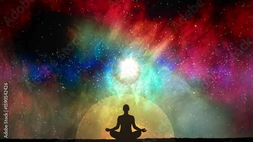 Silhouette of a Yogi in Meditation Against a Cosmic Background