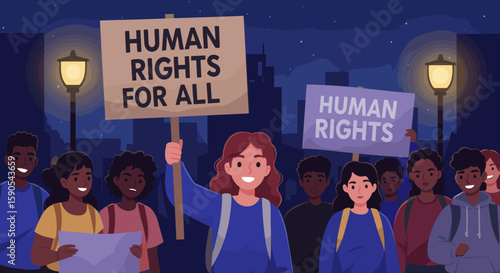 A young girl stands on a stage holding a banner reading "DISCRIMINATION," surrounded by an audience in a spotlight. 