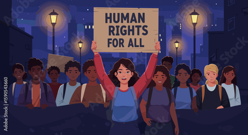 A young girl stands on a stage holding a banner reading "DISCRIMINATION," surrounded by an audience in a spotlight. 