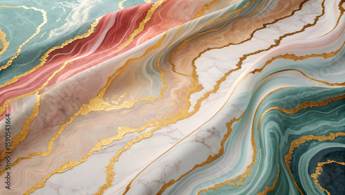 Flowing marble texture with veins of gold and pastel colors abstract