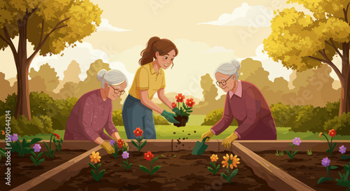 The serene outdoor environment promotes bonding, care, and community support, especially for the elderly.