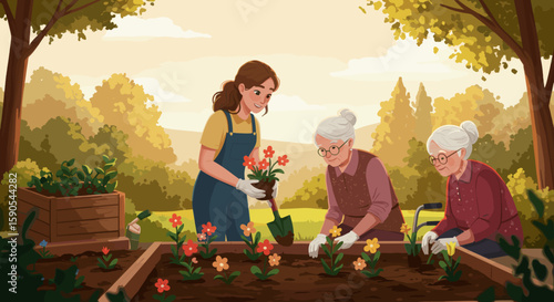 The serene outdoor environment promotes bonding, care, and community support, especially for the elderly.