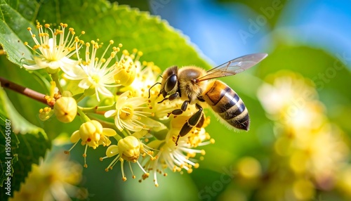 Honeybee on a Linden flower cluster