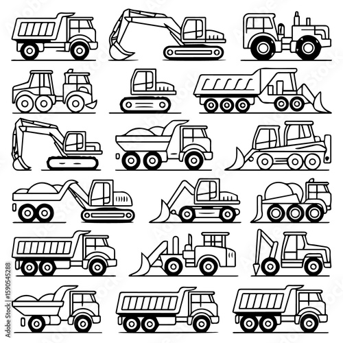 Collection of stylized black and white line art illustrations of various construction vehicles and heavy machinery for work