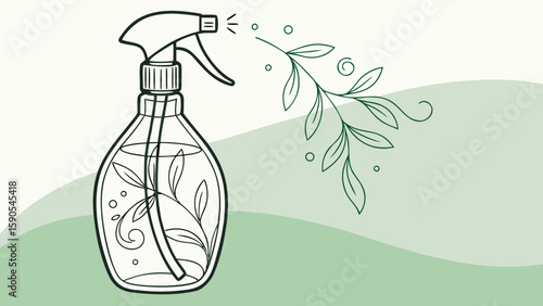 Spray bottle with leaves inside and a leafy branch spraying out on a green and white background
