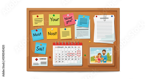 Illustration of a bulletin board with notes calendar family photo and business card pinned to it nicely on transparent background