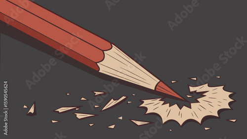 Illustration of a sharpened pencil with shavings scattered on a dark gray background art drawing