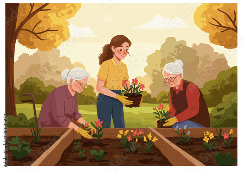 A young woman is helping elderly individuals plant flowers in a garden. The serene outdoor environment promotes bonding, care, and community support, especially for the elderly.