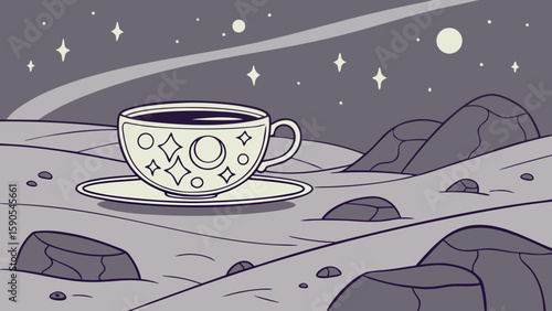 Stylized illustration of a teacup on a lunar landscape under a starry night sky with comet trail