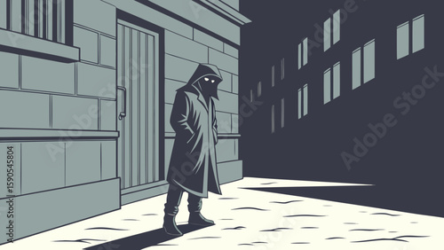 Person in a dark coat standing on a street corner at night with building in the background art