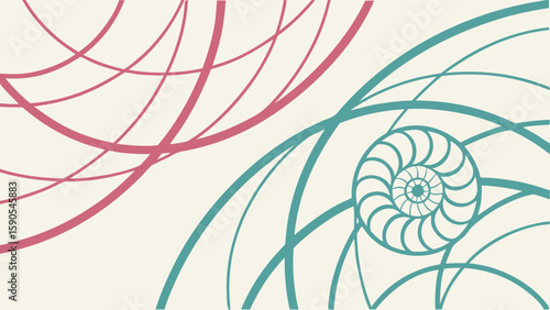 Abstract background with pink curves and a teal spiral design on a light beige background color scheme