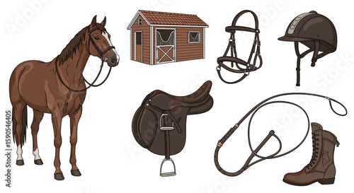 Illustration showing a brown horse with tack, a stable, and riding equipment on a white background on transparent background