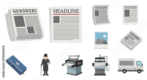 Illustration showing newspapers, a man in a suit, printing presses, a delivery truck, and a suitcase on transparent background