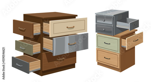 Two filing cabinets with multiple drawers in various colors some drawers are open and some are closed on transparent background