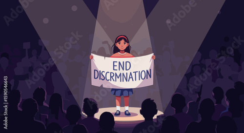 A young girl stands on a stage holding a banner reading "DISCRIMINATION," surrounded by an audience in a spotlight. This scene highlights activism and raising awareness about social justice issues.