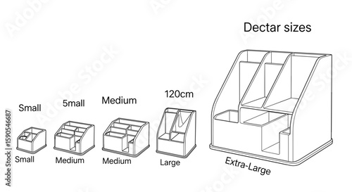 Illustration showing different sizes of desk organizers ranging from small to extra large with labels and dimensions on transparent background