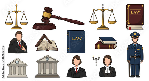 Collection of legal symbols including scales of justice, gavel, law books, and court officials icons on transparent background