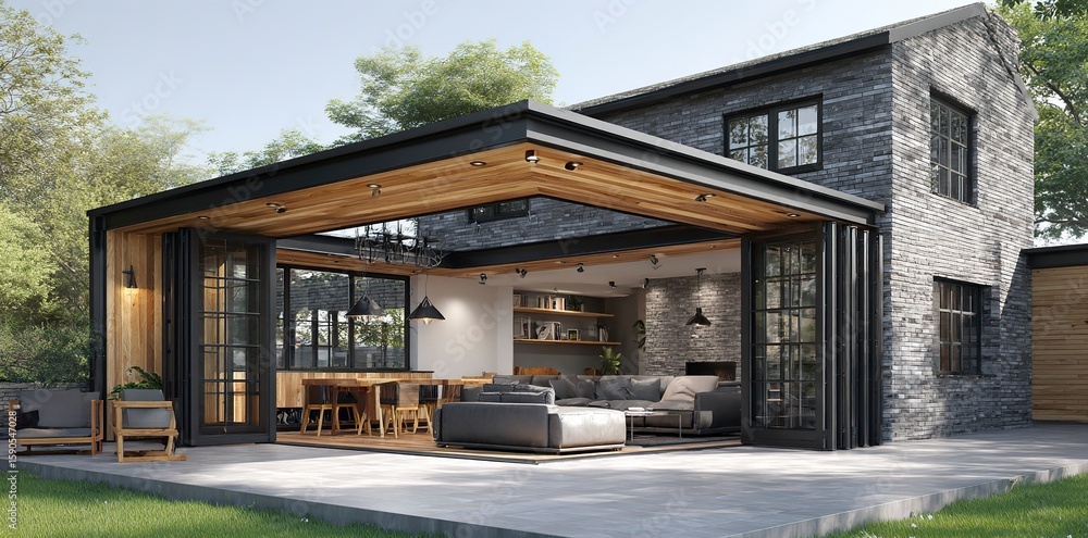 Obraz premium A modern house with an open glass door leading to the garden. There is a terrace and swimming pool outside of it, with a cozy outdoor seating area nearby. The lighting is cozy, and the rendering 