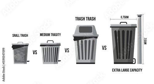 Illustration comparing sizes of trash cans from small to extra large capacity with measurements included on transparent background