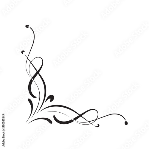 A refined corner flourish featuring graceful swirling lines, dots, and leaflike shapes in black and white