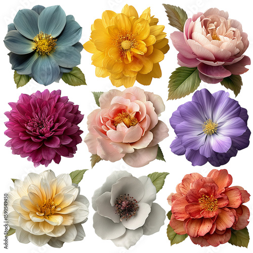 A grid of nine colorful flowers with various shades and petal arrangements isolated on transparent background