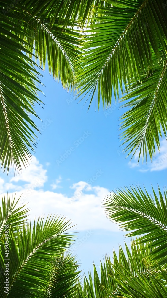 Fototapeta premium Palm leaves frame a vibrant blue sky