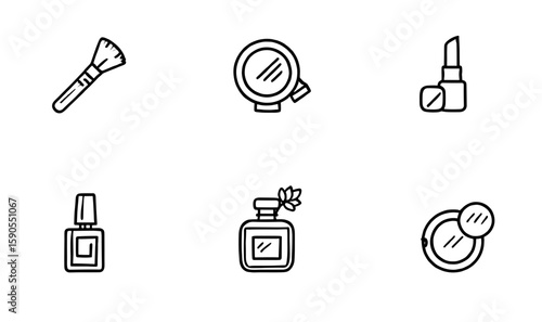 Collection of beauty and cosmetic items including brush mirror and lipstick icons shown neatly aligned