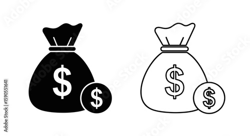 Illustration of two money bags with dollar signs and coins in black and white