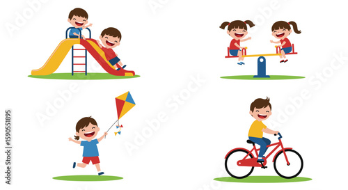 Illustration of children playing on a slide, seesaw, kite, and riding a bicycle