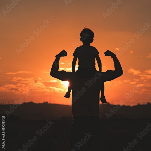Silhouette of a father with his son on his shoulders, flexing their biceps at sunset. The backlight.